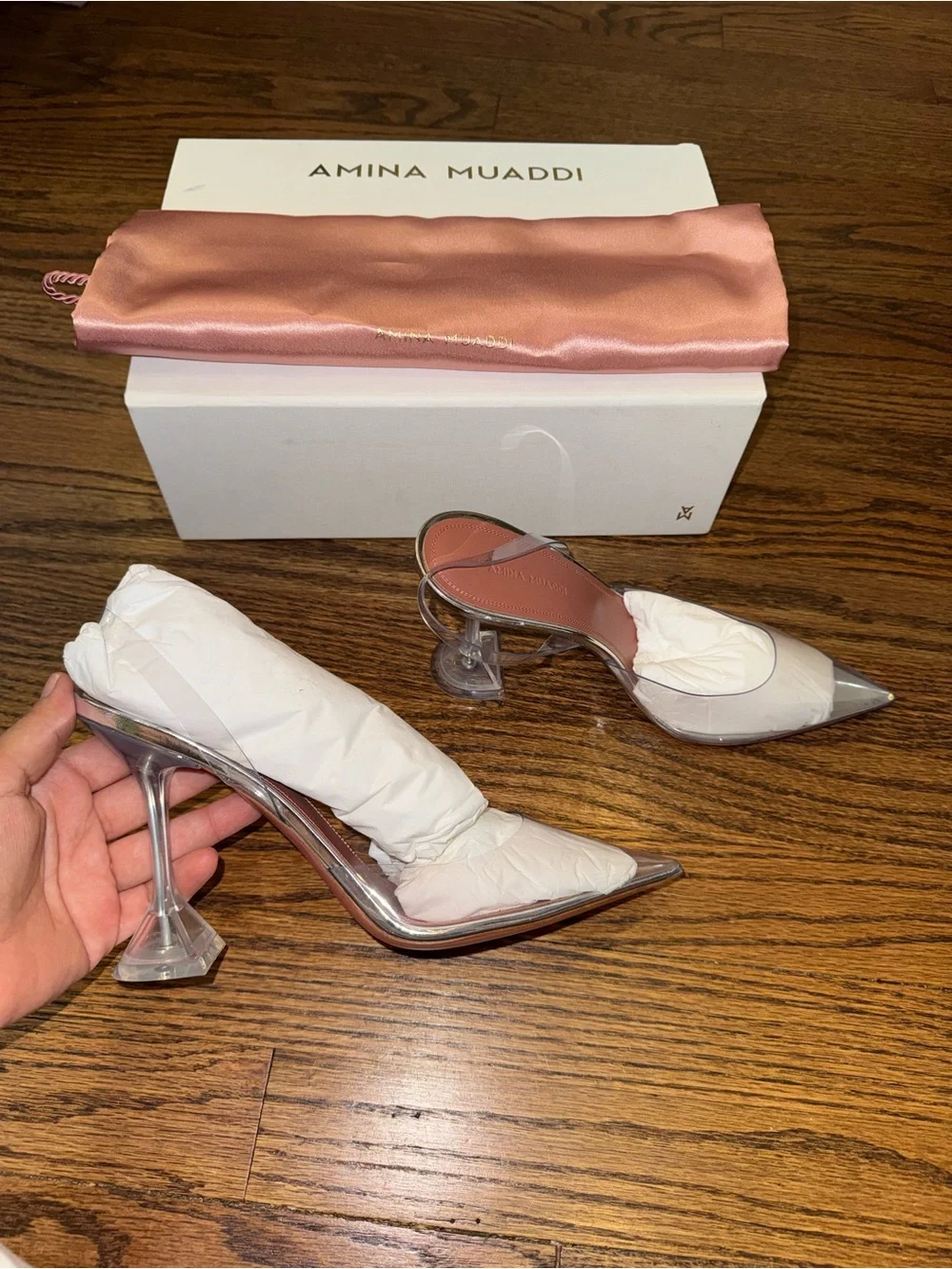 Size 40 Amina Muaddi Holli Glass Sling 95 Transparent PVC Heels